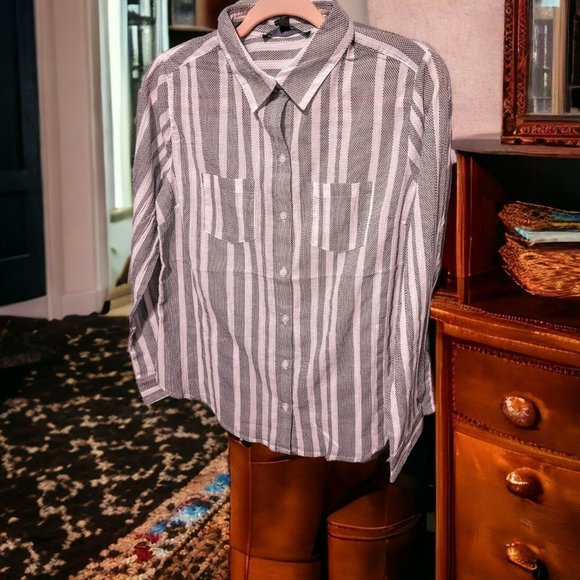 Navy/White Button Up Long Sleeve Blouse Women Teen Size M Office Casual Dinner - Picture 3 of 6